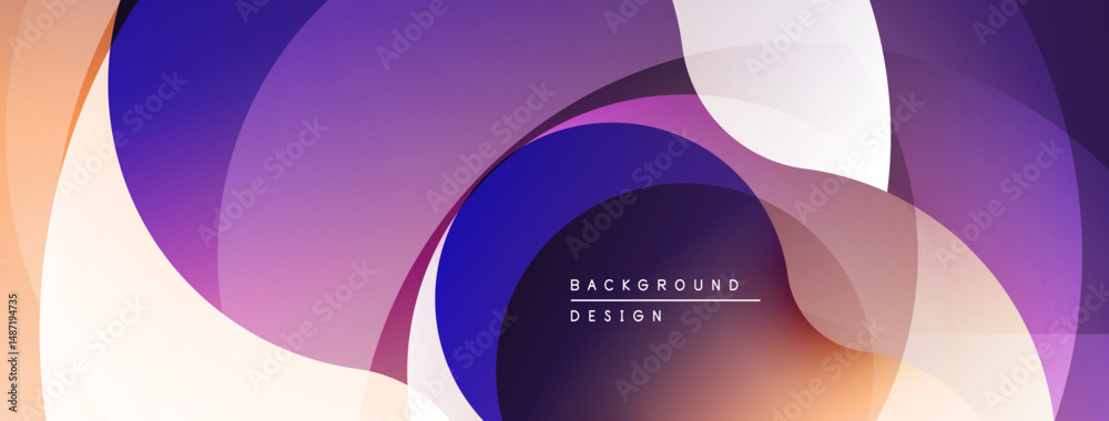 Poster abstract background features overlapping curves, gradients. purple, white, orange hues create modern