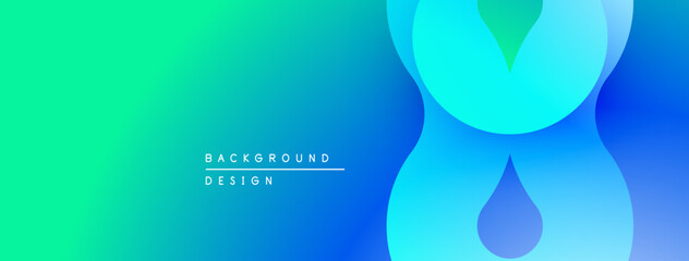 Abstract gradient background. Blue, turquoise hues blend smoothly. Minimalist design features flowing shapes, droplet form. Modern aesthetic.