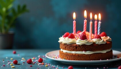 A delicious birthday cake, candles lit, ready for a celebration , party supplies, sugary treat, baked