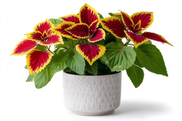 Coleus plant with red and yellow leaves growing in a ceramic pot on white background