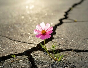 Pink flower growing from cracked asphalt represents new life and hope