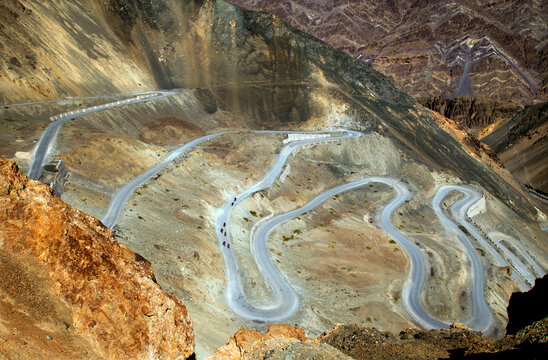 Top view of a serpentine road near Lamayuru, Ladakh.
