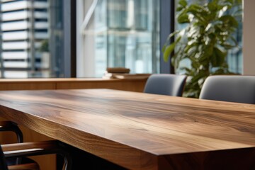 Fototapeta premium Elegant wooden conference table in modern office setting.