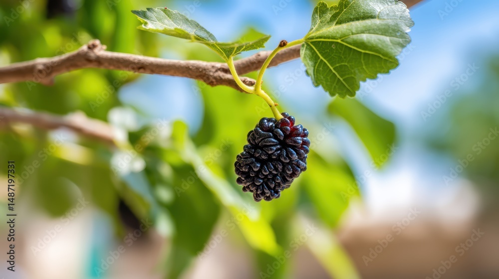 Fototapete A close up shot of a ripened black mulberry fruit hanging from a branch surrounded by lush green leaves with a blurred background.