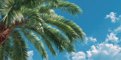 Palm Leaves and Sky: Capture the essence of a tropical paradise, palm tree fronds gracefully reach towards a bright blue sky, accented by fluffy white clouds. Ai image