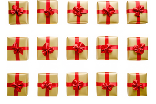 Collection of gold gift boxes with red ribbons arranged neatly on transparent background