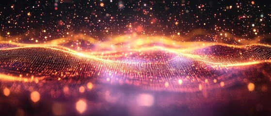 Fototapeta premium Glowing, undulating particles form abstract landscape. Orange and pink hues dominate with dark background