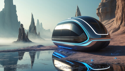 Obraz premium Futuristic Travel Pod in Misty Alien Valley