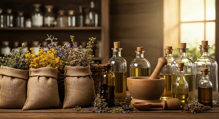Fototapeta premium Herbal Apothecary: Rustic Bottles, Dried Flowers, and Warm Lighting