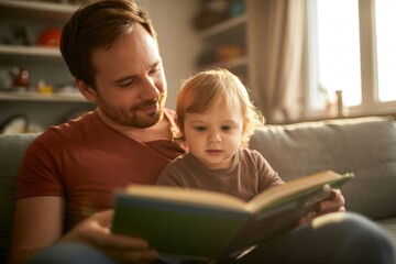 A Father Reading a Children's Book to His Young Son in a Cozy Living Room with Soft Sunlight
