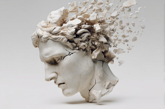 White statue head dissolving from the back, representing loss of memories, identity or mental health issues