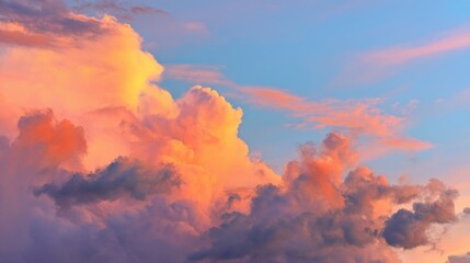 Majestic Display of Colorful Clouds at Dusk with Shades of Pink, Orange, and Purple Over a Clear Sky During Sunset in the Evening Atmosphere
