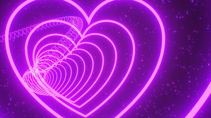 Slowly Moving Through Wavy Colorful Purple Pink Neon Heart 3D Tunnel - Abstract Background Texture