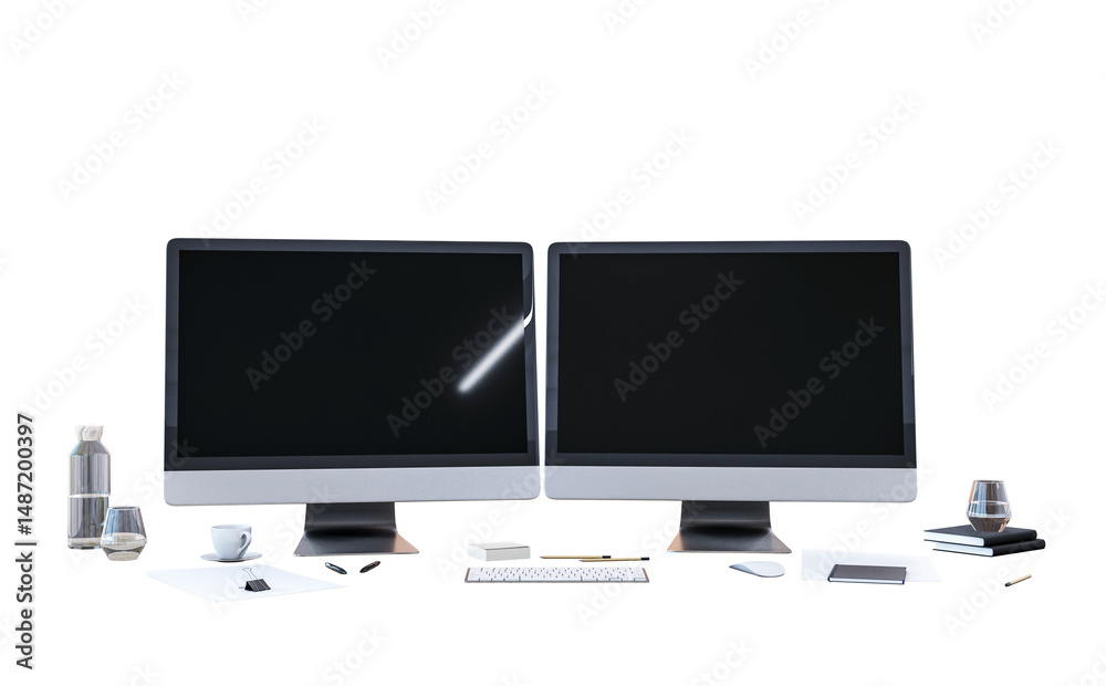 Aufkleber Two blank front view computer monitors and desk accessories on isolated white background. 3D Rendering for clean branding workspace concept