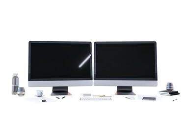 Two blank front view computer monitors and desk accessories on isolated white background. 3D Rendering for clean branding workspace concept