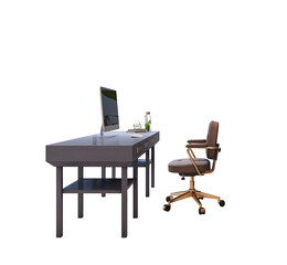 Office desk with computer, books, glass, and chair in modern design style on isolated white background. 3D Rendering of corporate workspace