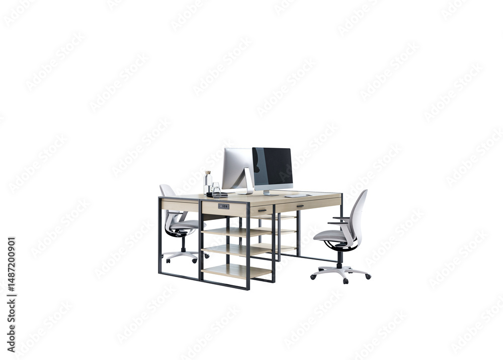 Poster Dual workstation office desk setup with white chairs and desktop computers, clean modern design on isolated white background. 3D Rendering