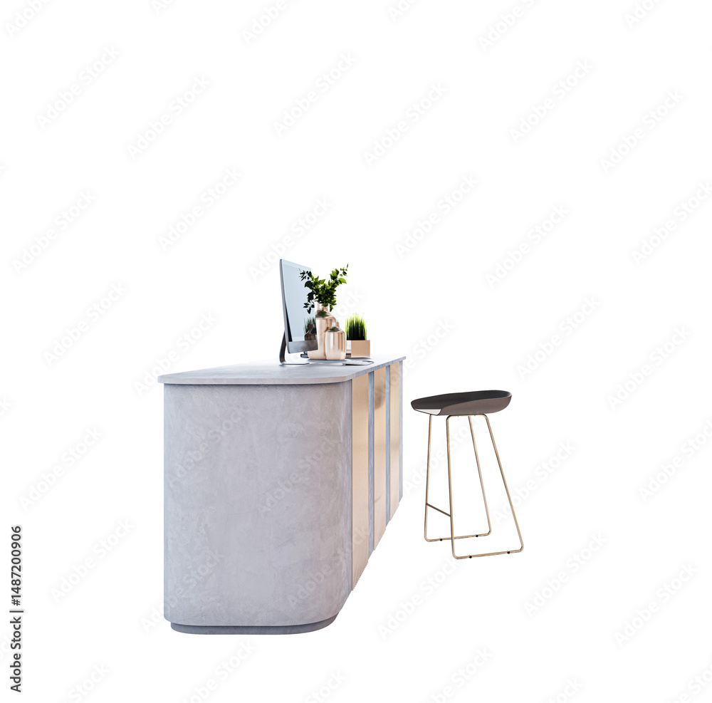 Aufkleber contemporary reception desk with computer, stool, and decor elements in a clean layout style isolate