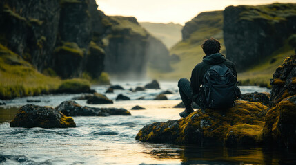 A person with backpack sitting quietly on mossy rocks by slow river flowing through rocky canyon at sunset