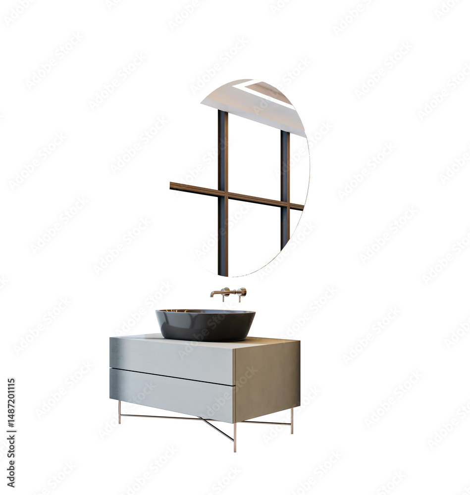 Poster modern bathroom vanity with black basin and circular mirror reflecting window frame, isolated on whi