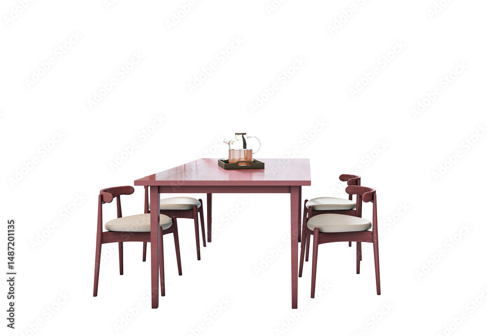 Poster elegant wooden dining table set with four chairs and a glass teapot on a tray, isolated style on whi