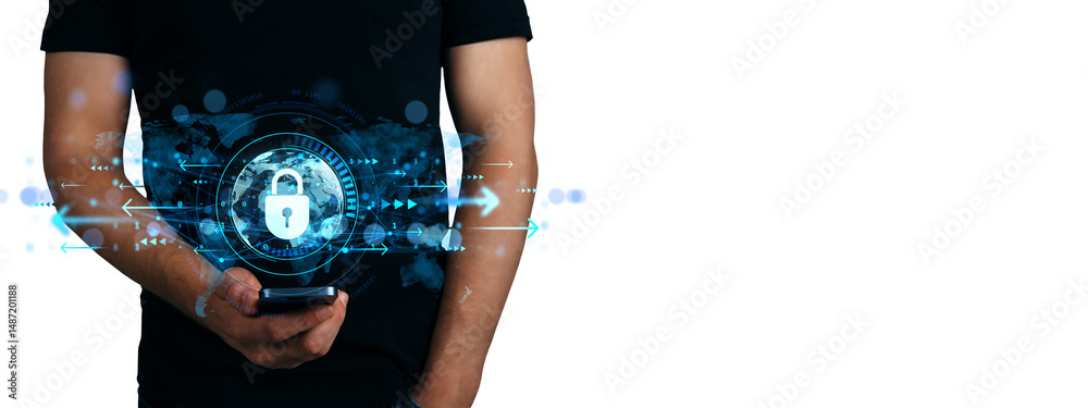 Leinwandbilder Person holding smartphone with digital padlock symbol and data flow graphics in tech style on white background, concept of online security