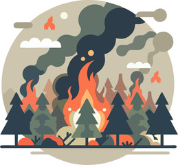 Minimalist Vector Illustration of Forest Fire with Dark Smoke and Burning Trees – Wildfire Natural Disaster Concept