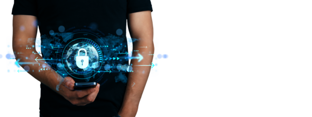 Person holding smartphone with digital padlock symbol and data flow graphics in tech style on white background, concept of online security
