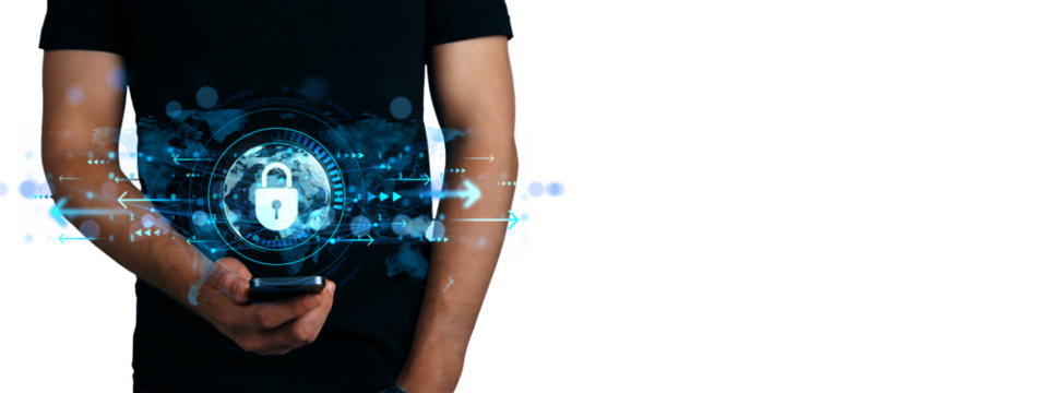 Person holding smartphone with digital padlock symbol and data flow graphics in tech style on white background, concept of online security