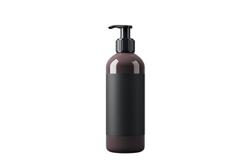 Dark brown cosmetic pump bottle with black blank label isolated on white background, clean layout for product branding and packaging mockup. 3D Rendering