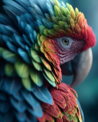 Obraz premium vivid close-up of a tropical parrot showing intricate colorful feathers, bright green, blue, and red tones