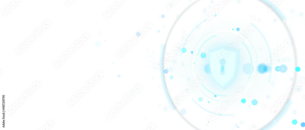 Poster Shield with keyhole icon in digital holographic style surrounded by blue tech circles on white background. Concept of secure data and protection. 3D Rendering