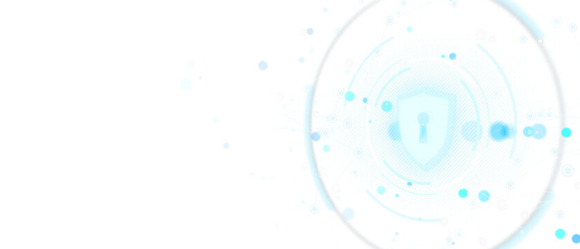 Shield with keyhole icon in digital holographic style surrounded by blue tech circles on white background. Concept of secure data and protection. 3D Rendering