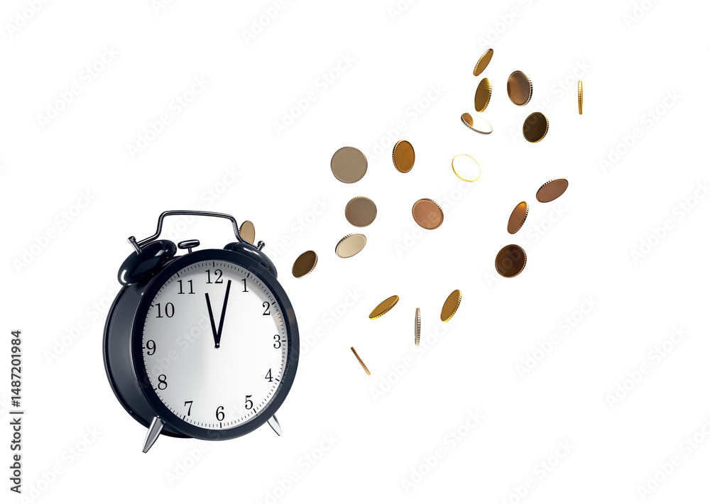 Poster Alarm clock and falling coins isolated on white background, clean cutout layout, representing time and money concept. 3D Rendering