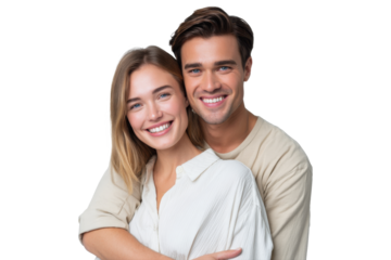 Happy young couple embracing and smiling in casual clothes, PNG