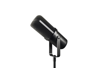 Black professional microphone isolated on white background, clean cutout layout, 3D Rendering, concept for audio, podcast, sound, and media