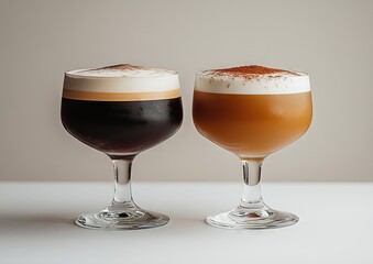 Two elegant cocktails, contrasting colors and textures.