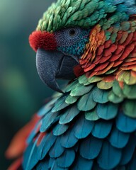 Fototapeta premium vivid close-up of a tropical parrot showing intricate colorful feathers, bright green, blue, and red tones