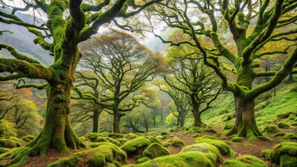 Fototapeta premium Moss-covered trees in Lake District, foliage, woodland, foliage, woodland, scenic