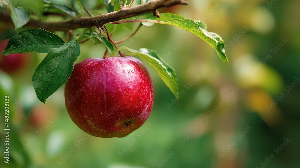 Poster close-up shot of a ripe red apple hanging from a tree branch surrounded by lush green leaves capturi