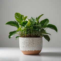 Fototapeta premium Green houseplant in a white decorative pot on a white surface against a gray background