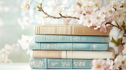 Stack of vintage books adorned with spring blossoms.