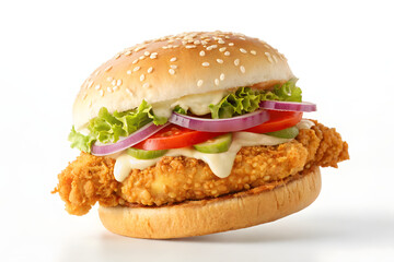 Isolated on white, a sesame bun holds a beef cheeseburger with lettuce and tomato, a fast food snack