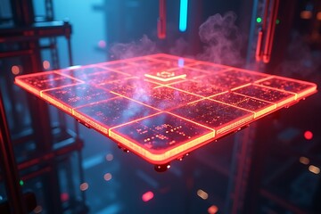 Futuristic glowing red circuit board with intricate design floating in a vibrant technological environment