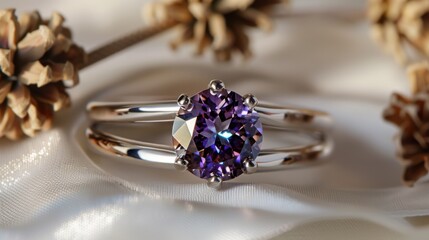 Fototapeta premium Modern alexandrite ring displays its color change on a platinum band with fingers, showcased by split-lighting in a photography setup.