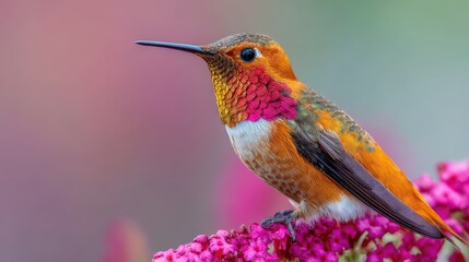 Fototapeta premium Vibrant Hummingbird Perched on Bright Pink Flowers in Soft Focus Background Capturing Nature's Beauty and Intricacies in a Colorful Display