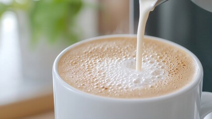 Pouring Frothed Milk into Coffee Cup for Latte or Cappuccino coffee latte cappuccino cup foam mug