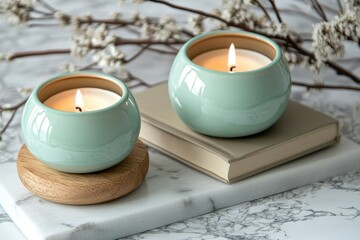 Two teal-colored ceramic candles on wooden coasters.