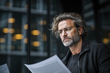 Mature caucasian male reading documents in modern office with focused expression
