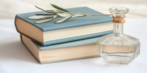 Stacked books and a glass perfume bottle.